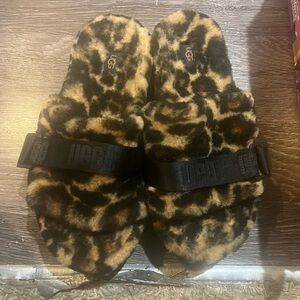 UGG Animal Print Fuzzy Slippers with Black Strap